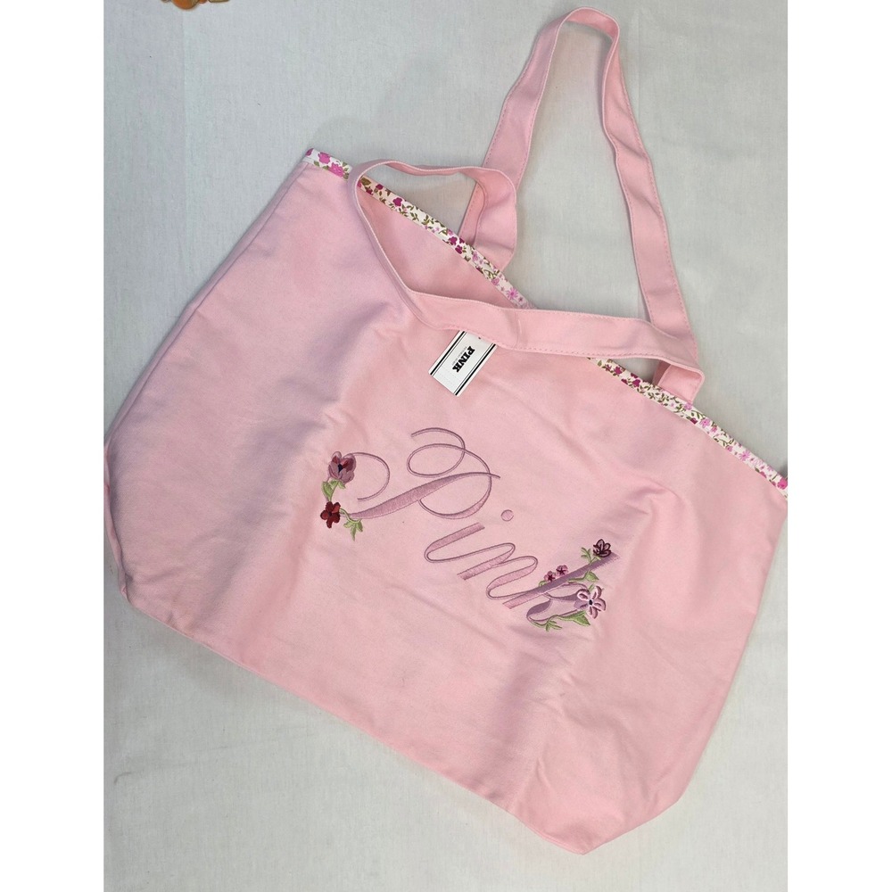 Victorias Secret PINK Floral Embroidered Canvas Tote Bag Pink Zip Top NWT - Picture 7 of 8